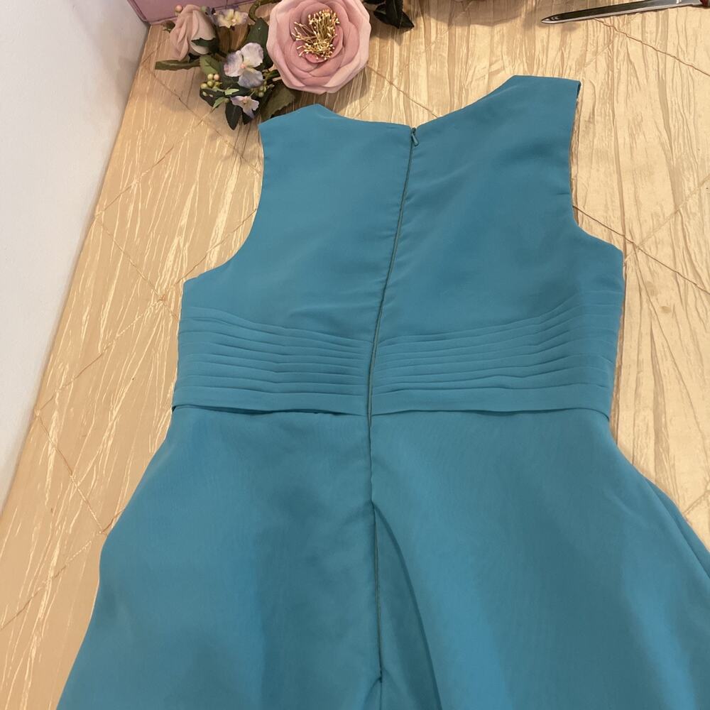 Teal Chiffon Sleeveless Midi Dress Pleated Twist Front Open Back Women’s 12 - Picture 6 of 9